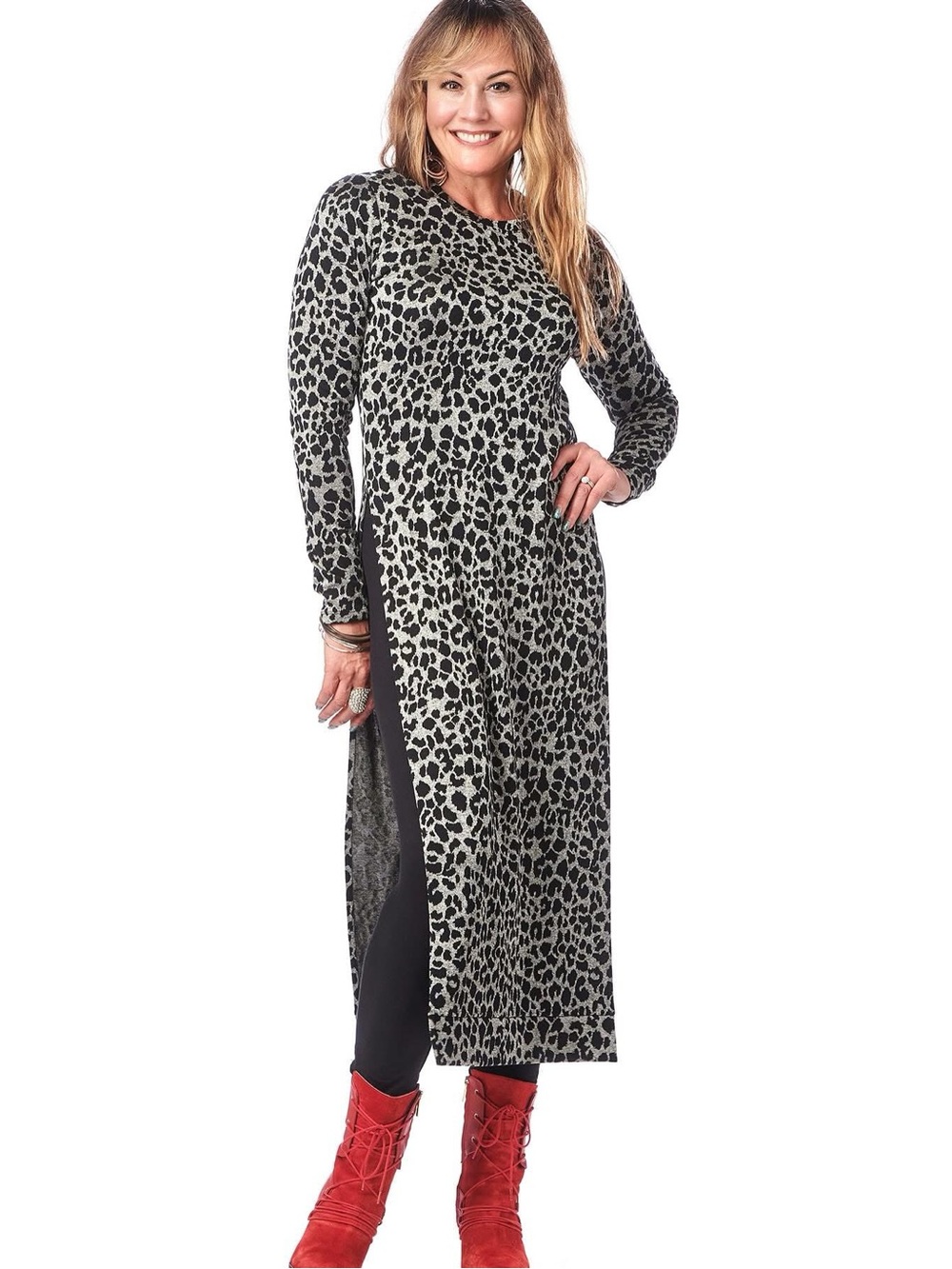Long Sleeve Leopard Print Tunic Top w/ High Slit